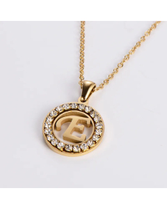Hollow Out Round Letter Inlay Rhinestones Diamond Pendant Stainless Steel Necklace CA07830508