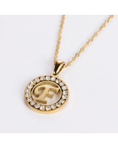 Hollow Out Round Letter Inlay Rhinestones Diamond Pendant Stainless Steel Necklace CA07830508
