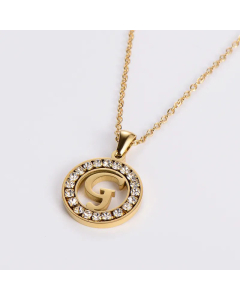 Hollow Out Round Letter Inlay Rhinestones Diamond Pendant Stainless Steel Necklace CA07830508