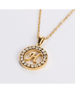 Hollow Out Round Letter Inlay Rhinestones Diamond Pendant Stainless Steel Necklace CA07830508