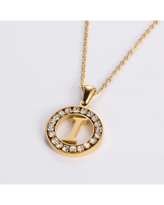 Hollow Out Round Letter Inlay Rhinestones Diamond Pendant Stainless Steel Necklace CA07830508