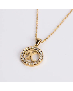 Hollow Out Round Letter Inlay Rhinestones Diamond Pendant Stainless Steel Necklace CA07830508