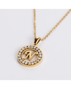 Hollow Out Round Letter Inlay Rhinestones Diamond Pendant Stainless Steel Necklace CA07830508