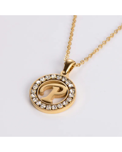 Hollow Out Round Letter Inlay Rhinestones Diamond Pendant Stainless Steel Necklace CA07830508