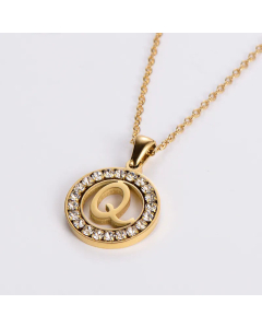 Hollow Out Round Letter Inlay Rhinestones Diamond Pendant Stainless Steel Necklace CA07830508