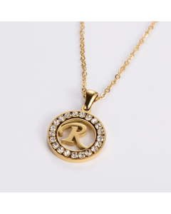 Hollow Out Round Letter Inlay Rhinestones Diamond Pendant Stainless Steel Necklace CA07830508