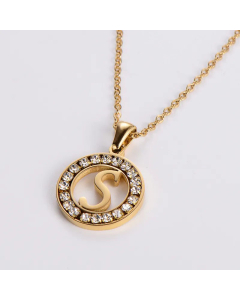 Hollow Out Round Letter Inlay Rhinestones Diamond Pendant Stainless Steel Necklace CA07830508