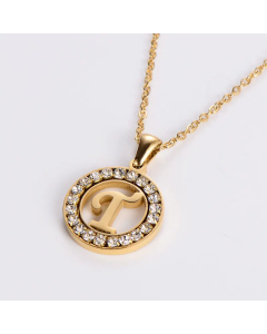 Hollow Out Round Letter Inlay Rhinestones Diamond Pendant Stainless Steel Necklace CA07830508