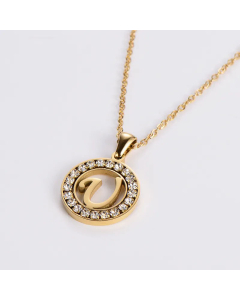 Hollow Out Round Letter Inlay Rhinestones Diamond Pendant Stainless Steel Necklace CA07830508