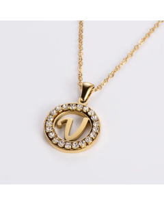 Hollow Out Round Letter Inlay Rhinestones Diamond Pendant Stainless Steel Necklace CA07830508