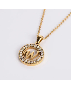 Hollow Out Round Letter Inlay Rhinestones Diamond Pendant Stainless Steel Necklace CA07830508
