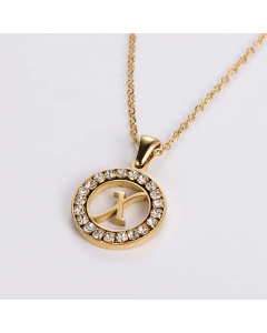 Hollow Out Round Letter Inlay Rhinestones Diamond Pendant Stainless Steel Necklace CA07830508