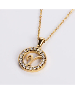 Hollow Out Round Letter Inlay Rhinestones Diamond Pendant Stainless Steel Necklace CA07830508