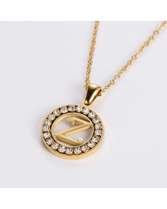 Hollow Out Round Letter Inlay Rhinestones Diamond Pendant Stainless Steel Necklace CA07830508