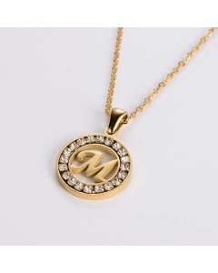 Hollow Out Round Letter Inlay Rhinestones Diamond Pendant Stainless Steel Necklace CA07830508