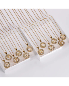 Hollow Out Round Letter Inlay Rhinestones Diamond Pendant Stainless Steel Necklace CA07830508