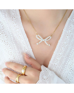 Elegant Pearl Inlaid Bow Knot Pendent Titanium Steel Plating Necklace CA07830590