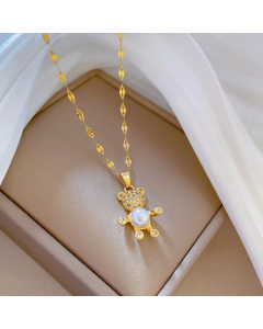 Fashion Bear Inlay Artificial Pearls Zircon Pendant Titanium Steel Necklace CA07830592