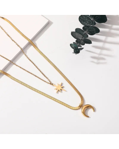 Double  Layered Star Moon Pendent Titanium Steel Plating Necklaces CA07830603