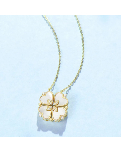 Elegant White Shell Leaf Clover Titanium Steel Inlay Shell Zircon Pendant Necklace CA07830606