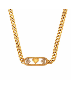 Three Peach Hearts Micro-Inlaid Hollow Brand Cuban Link Chain Stainless Steel Necklace CA07830623