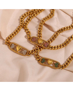 Three Peach Hearts Micro-Inlaid Hollow Brand Cuban Link Chain Stainless Steel Necklace CA07830623