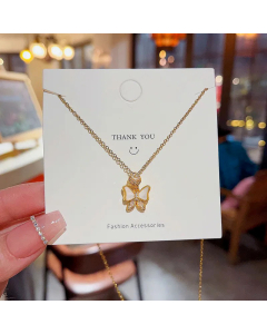 Cute Butterfly Inlay Zircon Pendant Titanium Steel Necklace CA07830626