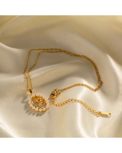 French Style Flower Plating Inlay Pearl Pendant Stainless Steel Necklace CA07830642