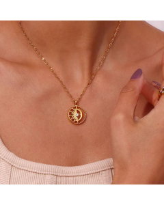 Hollow Out Sun Moon Stainless Steel Plating Inlay Artificial Diamond Pendant Necklace CA07830662