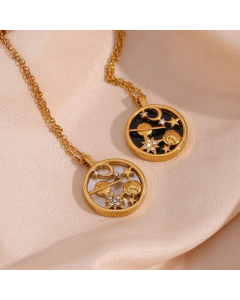 Enamel Round Star Moon Stainless Steel Inlay Rhinestones Pendant Necklace CA07830663