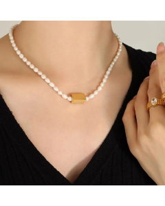 Fashion Letter Geometric Smiley Face Pearl Chain Titanium Steel Necklace CA07830690