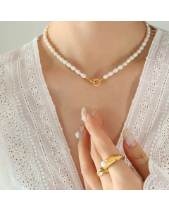 Elegant Geometric Pearl Chain Titanium Steel Necklace CA07830692