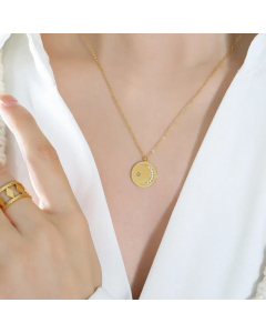 Minimalism Round Moon Inlay Zircon Pendant Titanium Steel Plating Necklace CA07830701