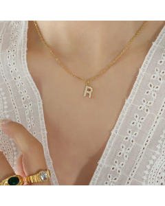 Refined Letter Inlay Zircon Pendant Titanium Steel Plating Necklace CA07830707