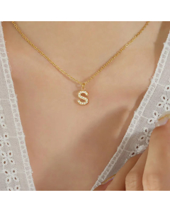 Refined Letter Inlay Zircon Pendant Titanium Steel Plating Necklace CA07830707