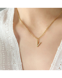 Refined Letter Inlay Zircon Pendant Titanium Steel Plating Necklace CA07830707