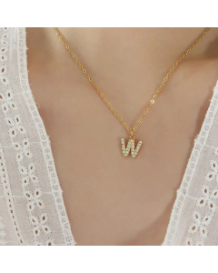 Refined Letter Inlay Zircon Pendant Titanium Steel Plating Necklace CA07830707