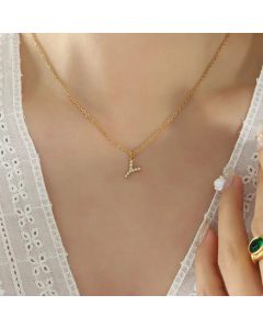 Refined Letter Inlay Zircon Pendant Titanium Steel Plating Necklace CA07830707