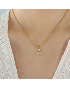 Refined Letter Inlay Zircon Pendant Titanium Steel Plating Necklace CA07830707