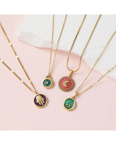 Retro Round Palm Moon Inlay Rhinestones Pendant Titanium Steel Necklace CA07830718