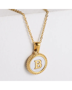 Minimalism Round Letter Inlay Shell Pendant Stainless Steel Plating Necklace CA07830723