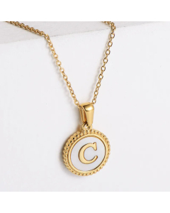 Minimalism Round Letter Inlay Shell Pendant Stainless Steel Plating Necklace CA07830723
