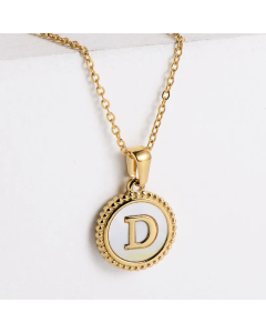 Minimalism Round Letter Inlay Shell Pendant Stainless Steel Plating Necklace CA07830723