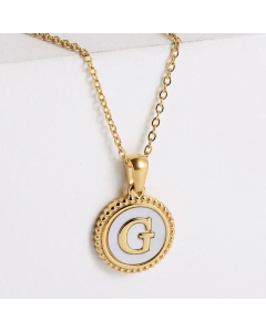 Minimalism Round Letter Inlay Shell Pendant Stainless Steel Plating Necklace CA07830723