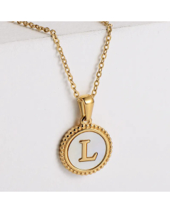 Minimalism Round Letter Inlay Shell Pendant Stainless Steel Plating Necklace CA07830723