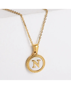 Minimalism Round Letter Inlay Shell Pendant Stainless Steel Plating Necklace CA07830723