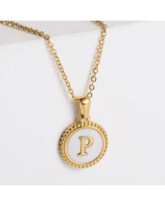 Minimalism Round Letter Inlay Shell Pendant Stainless Steel Plating Necklace CA07830723