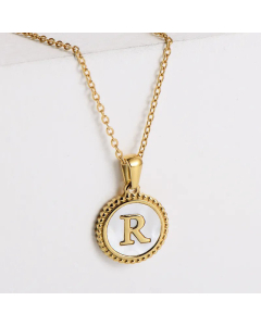 Minimalism Round Letter Inlay Shell Pendant Stainless Steel Plating Necklace CA07830723