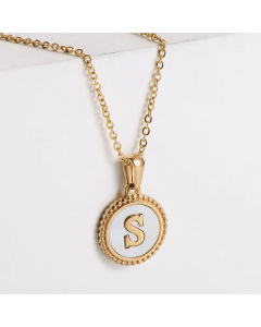Minimalism Round Letter Inlay Shell Pendant Stainless Steel Plating Necklace CA07830723