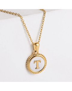 Minimalism Round Letter Inlay Shell Pendant Stainless Steel Plating Necklace CA07830723
